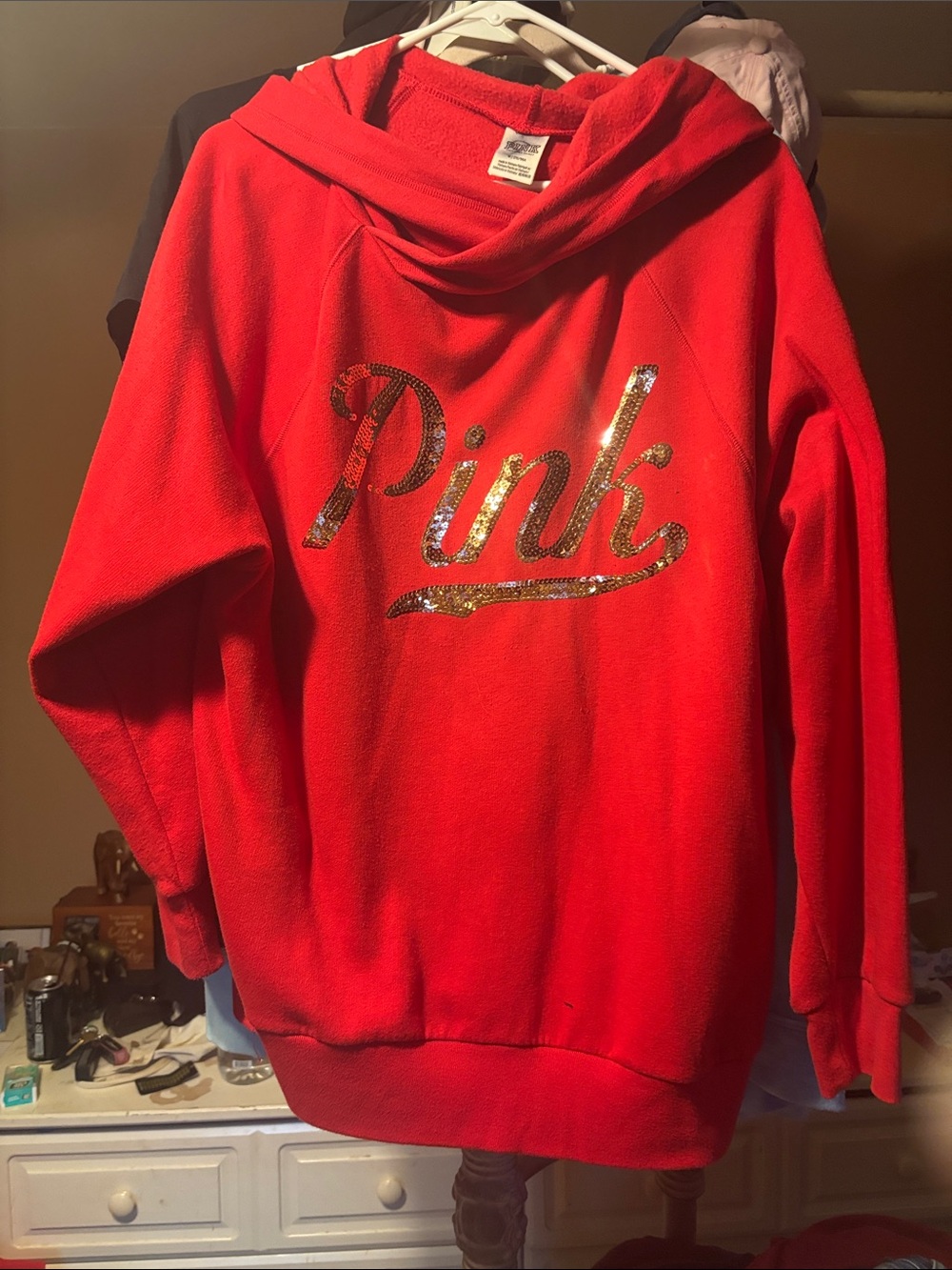 PINK Victoria's Secret Red Sequin Logo Cowl Hoodie Sweater
